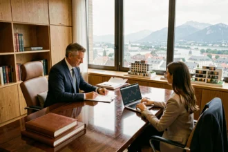 Conseiller en gestion de patrimoine en Auvergne-Rhône-Alpes recevant des clients dans un bureau moderne avec vue sur la ville