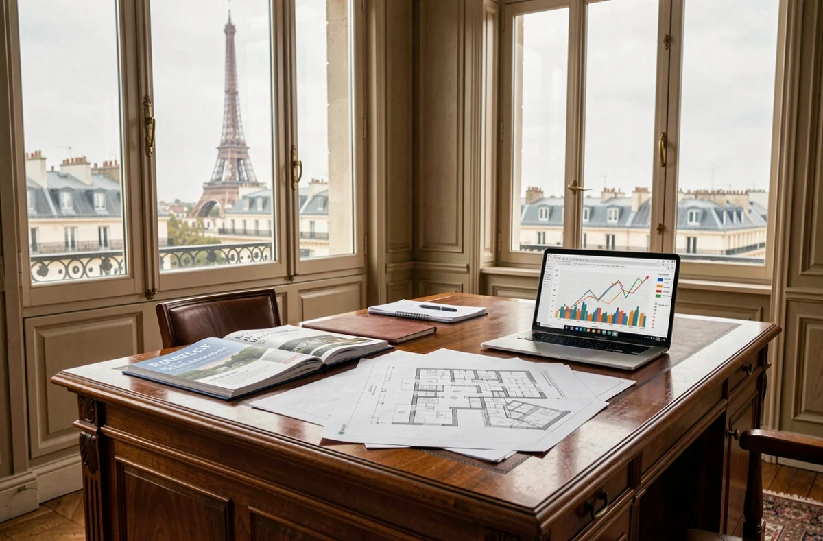 Bureau d'un conseiller en investissement locatif à Paris avec vue sur les toits haussmanniens et documents immobiliers sur le bureau