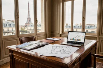 Bureau d'un conseiller en investissement locatif à Paris avec vue sur les toits haussmanniens et documents immobiliers sur le bureau