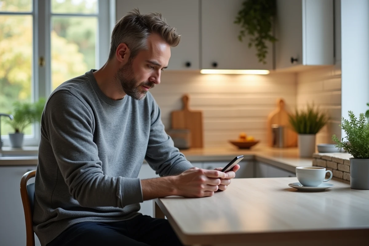 Homme consultant ses avantages employeur sur smartphone depuis son domicile