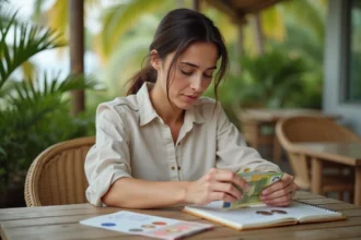 Femme consultant des billets en franc pacifique et des pièces en euro sur une terrasse tropicale lors de la planification de son budget vacances