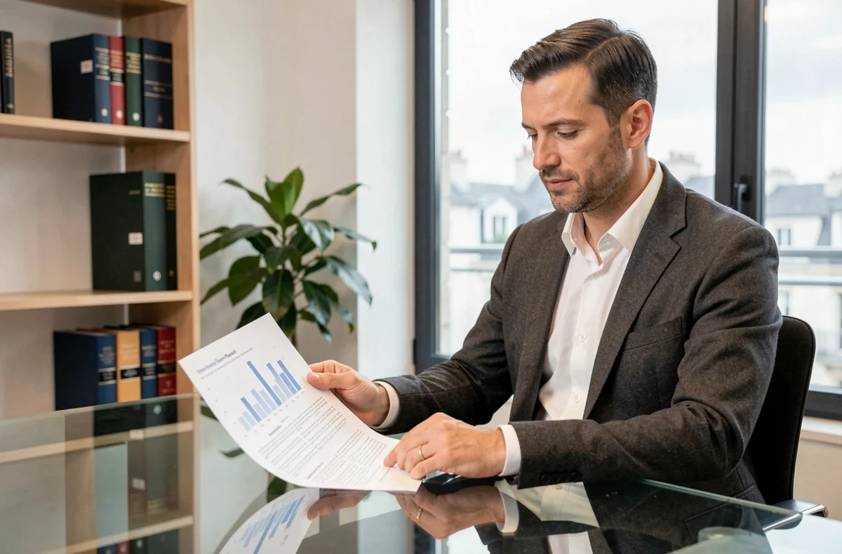 Conseiller patrimonial indépendant COPLO à Lyon analysant un rapport de gestion de patrimoine dans un bureau contemporain