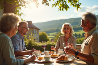 Couple americain souriant prenant le petit déjeuner en terrasse en Provence