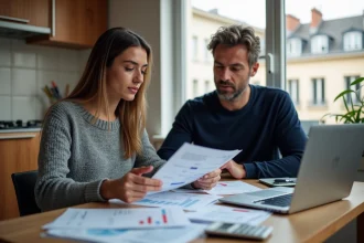 Couple français examinant leur budget familial autour d'une table de cuisine, symbolisant le pouvoir d'achat et les revenus médians en France en 2026