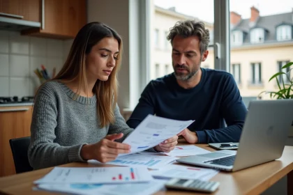 Couple français examinant leur budget familial autour d'une table de cuisine, symbolisant le pouvoir d'achat et les revenus médians en France en 2026