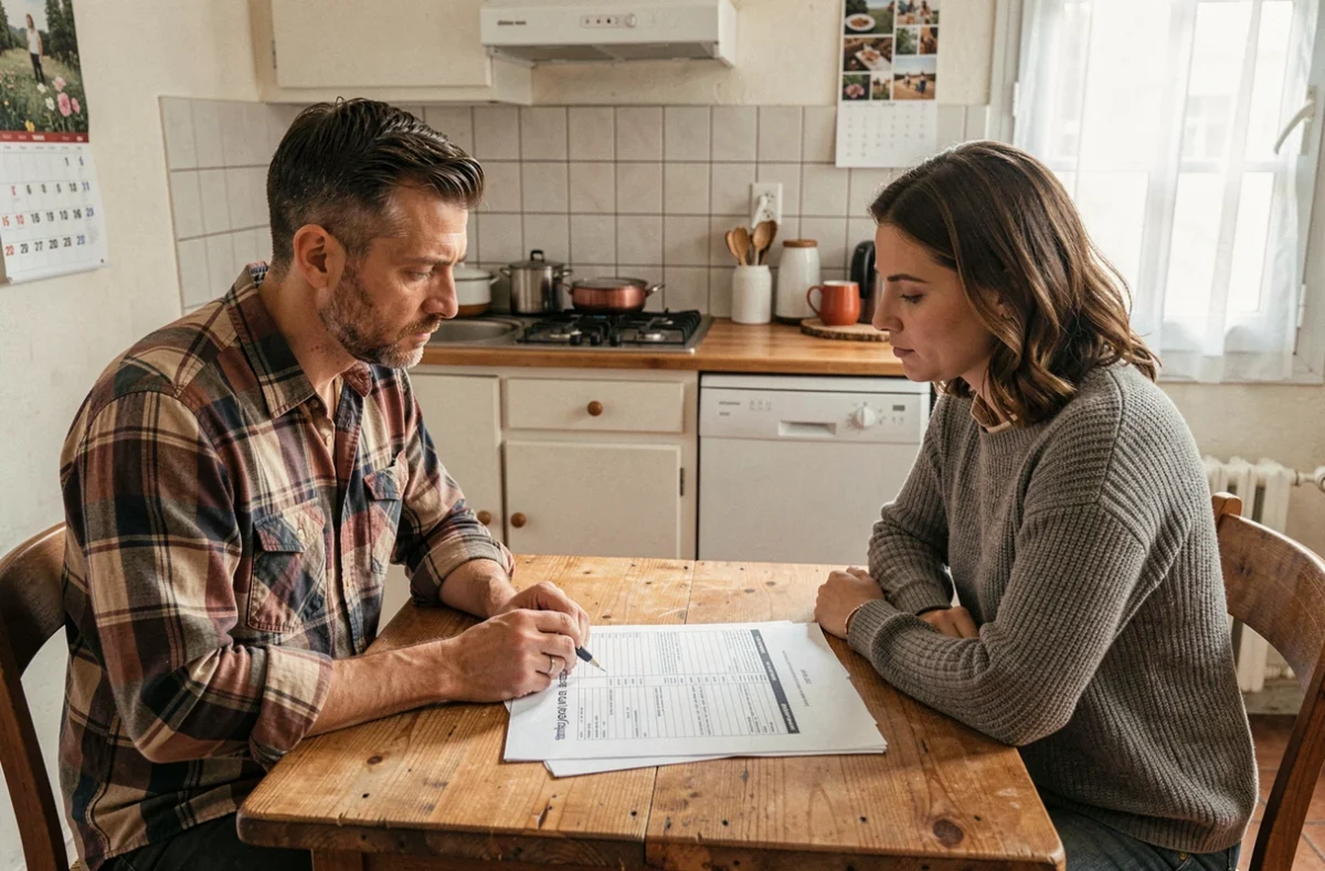 Couple étudiant un budget mensuel basé sur le salaire SMIC dans un appartement modeste en France