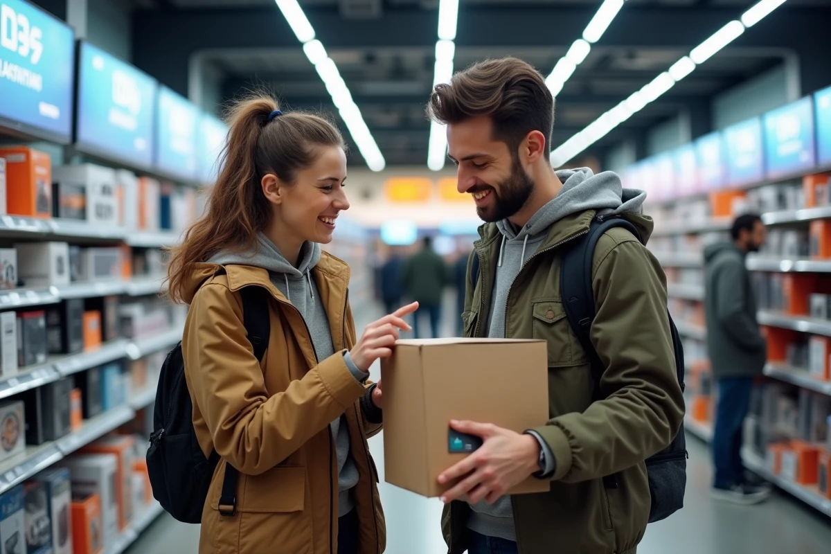 Couple utilisant une carte Kadéos Infini pour acheter de l'électronique en magasin