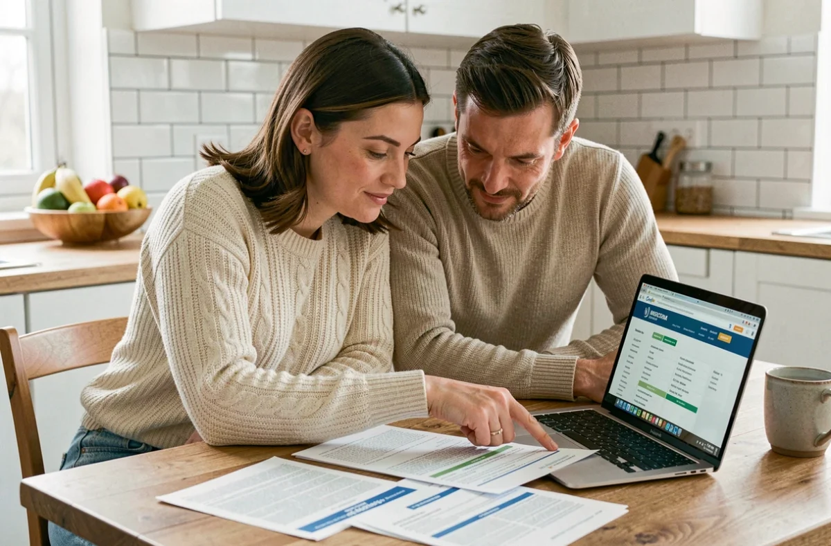 Couple comparant des contrats d'assurance emprunteur autour d'une table de cuisine avec documents et ordinateur portable