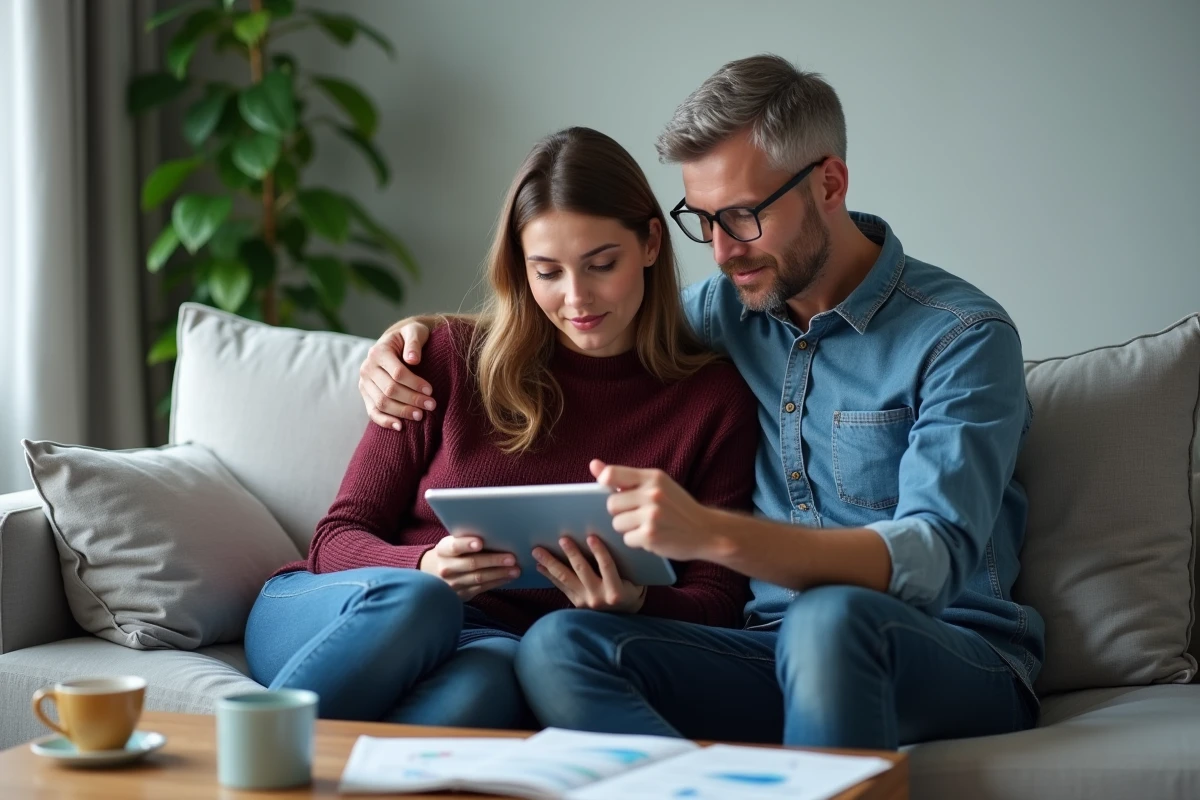 Couple étudiant ensemble les options de placement financier sur une tablette dans un salon moderne