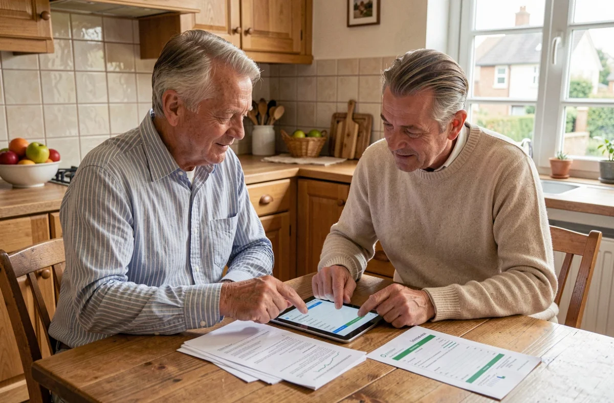 Couple gérant ses finances en ligne sur une tablette numérique dans une cuisine familiale