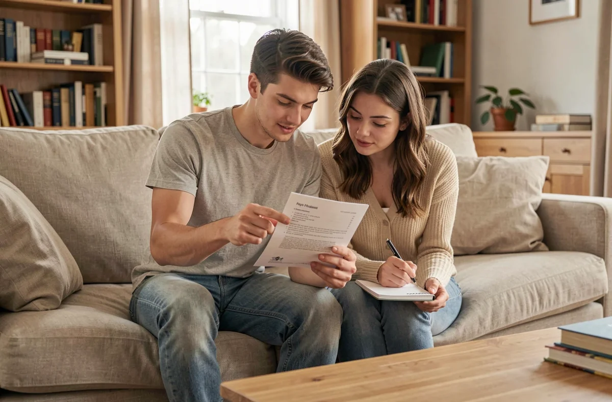 Couple lisant les conditions de prélèvement de leur mutuelle santé sur canapé