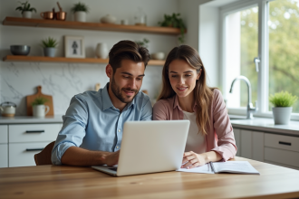Couple en cuisine moderne examinant des documents de prêt immobilier