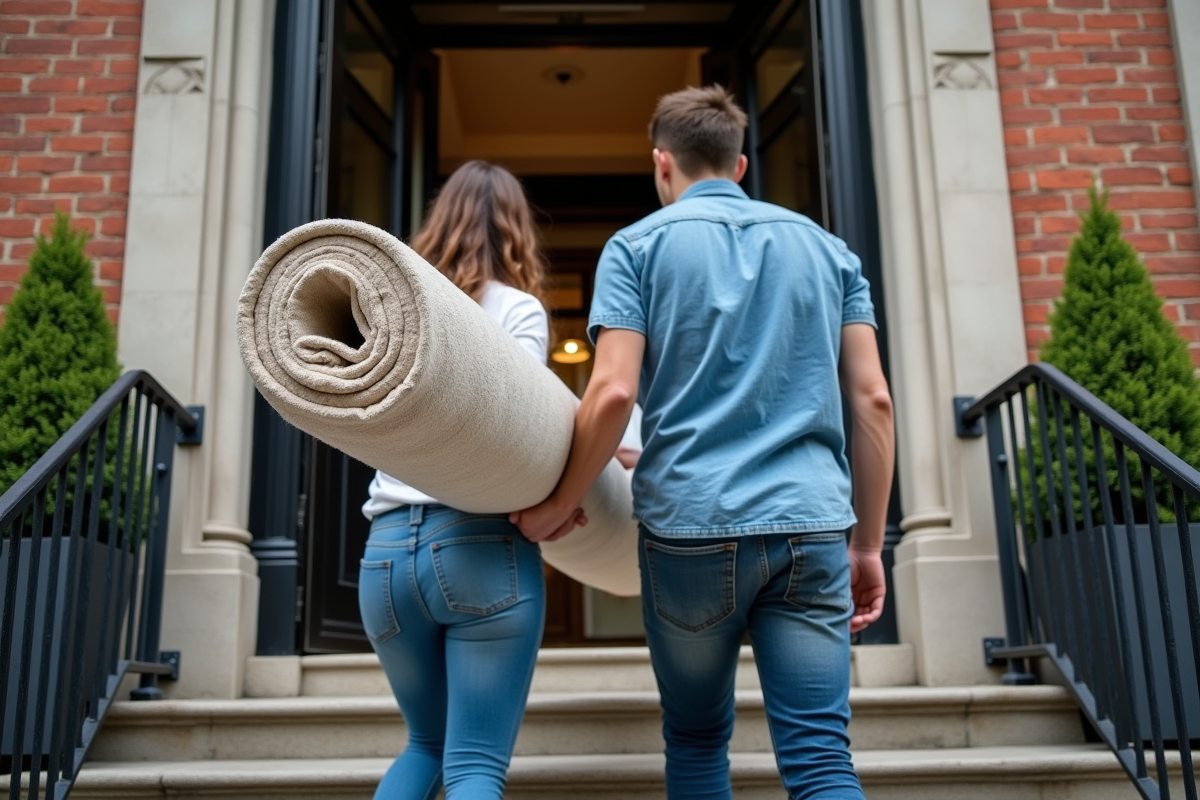 Jeune couple portant un tapis dans une entrée d