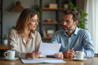 Couple adulte examine un contrat de prêt à la maison