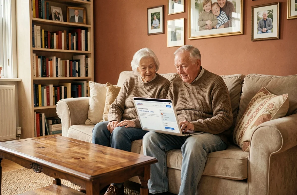 Couple de personnes âgées de plus de 80 ans cherchant une assurance emprunteur en ligne sur un ordinateur portable