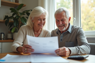 Couple senior souriant examinant documents de retraite