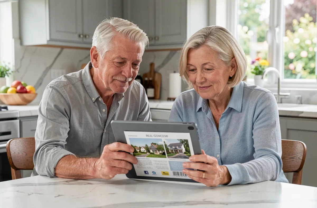 Couple de seniors consultant un investissement en SCPI en usufruit sur une tablette dans leur cuisine moderne