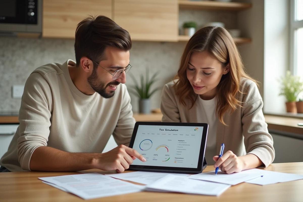 Couple qui simule leur déclaration d'impôt sur le revenu et leurs crédits d'impôt ensemble à la table de cuisine