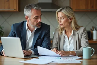 Couple d'adultes concentrés à la cuisine avec documents fiscaux