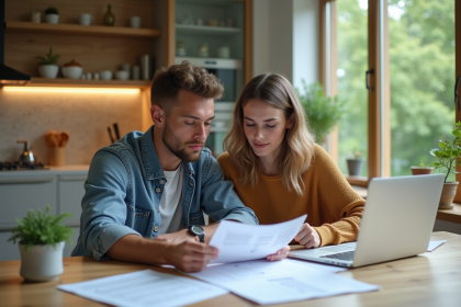 Jeune couple réfléchissant sur des papiers dans la cuisine
