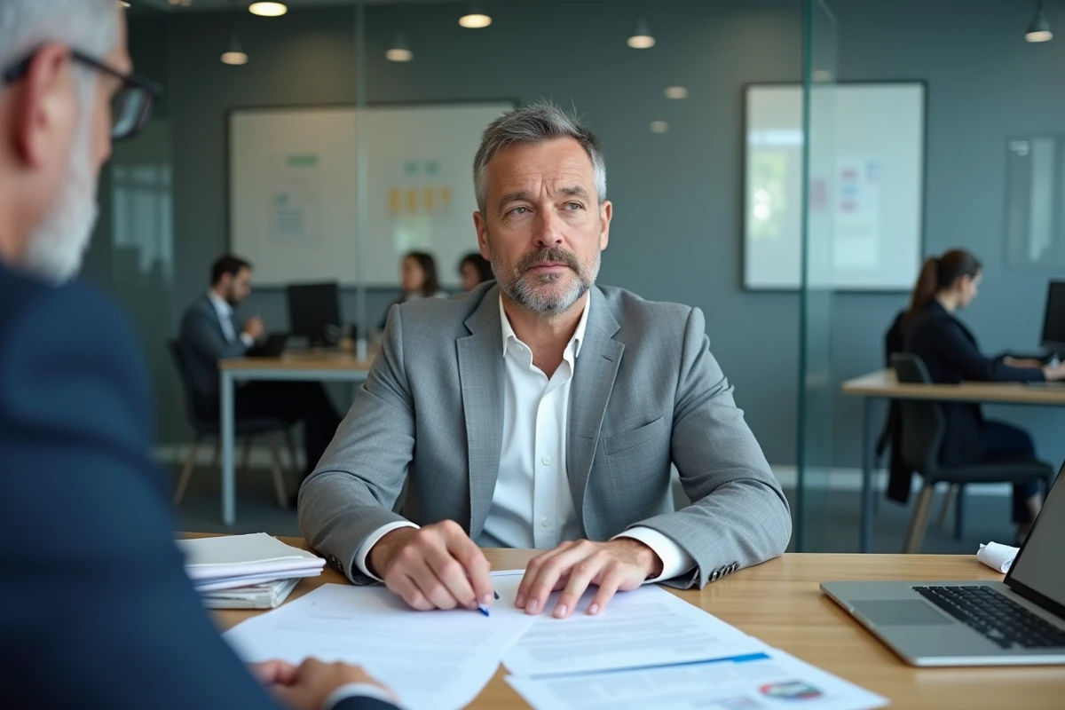 Courtier en assurance expliquant les clauses d'un contrat à un client dans un bureau professionnel