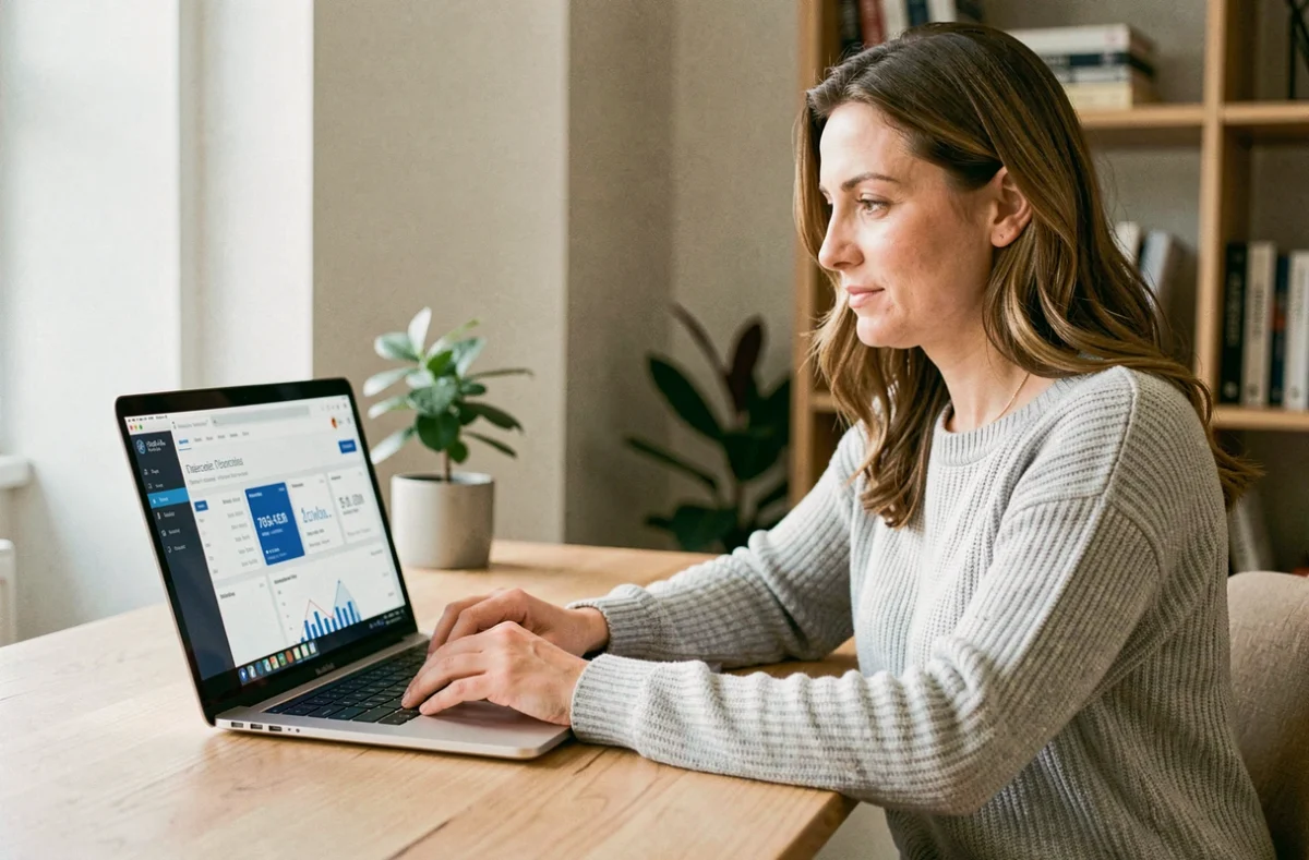 Femme utilisant l'interface Cyberplus Banque Populaire sur un ordinateur portable dans un bureau à domicile