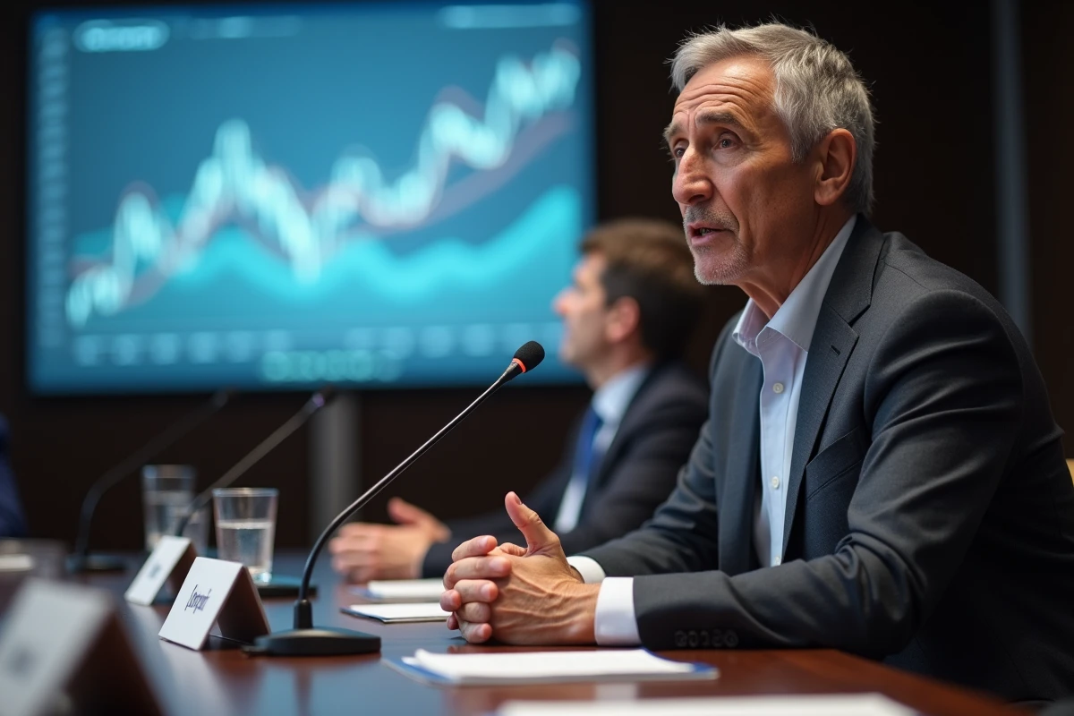 Débat économique en conférence avec un expert présentant ses analyses devant un panel de spécialistes