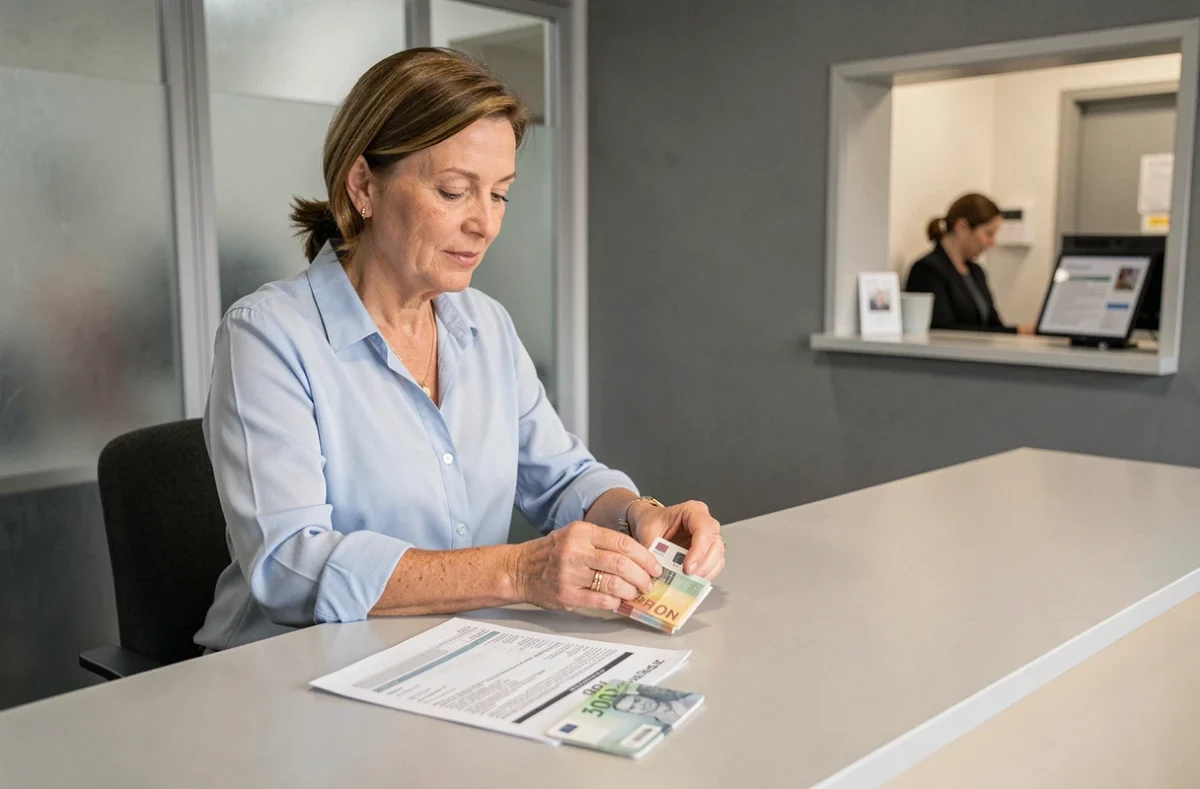 Femme déposant des espèces au guichet d'une banque avec justificatifs d'identité et relevé bancaire