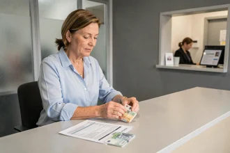 Femme déposant des espèces au guichet d'une banque avec justificatifs d'identité et relevé bancaire