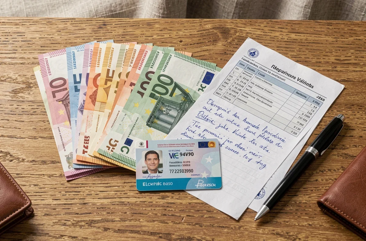 Vue aérienne des documents requis pour un dépôt d'espèces en banque : billets euros, carte d'identité et justificatif de domicile