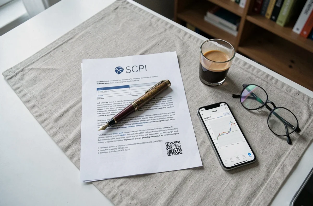Documents d'investissement SCPI Corum Origin posés sur un bureau avec stylo et rapport de rendement