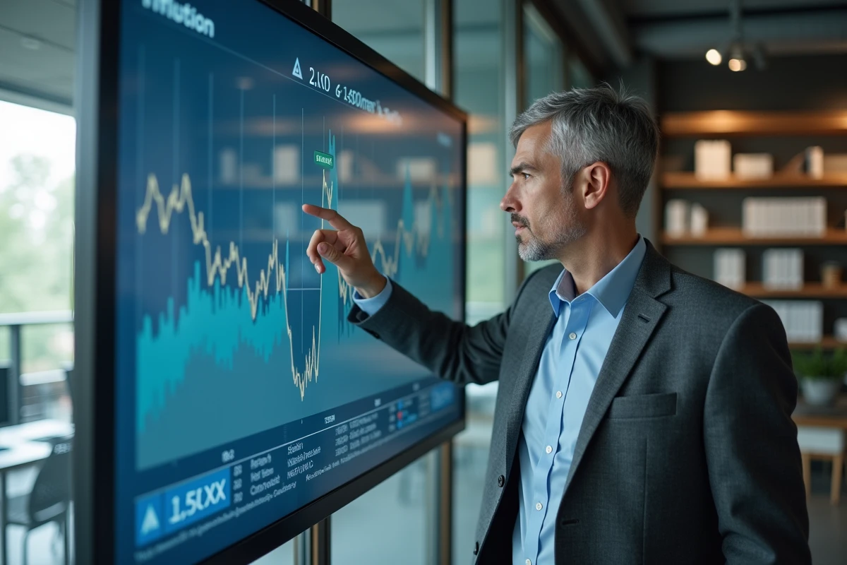 Economiste senior analyse un graphique économique dans un bureau moderne