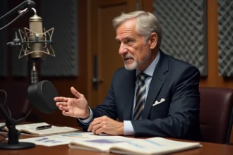 Économiste et journaliste en studio radio analysant la pensée économique et le débat public