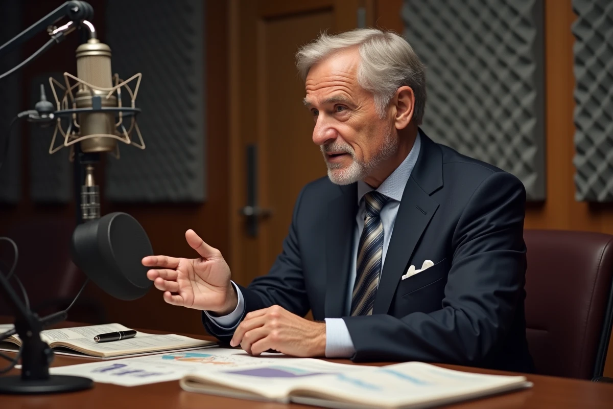 Économiste et journaliste en studio radio analysant la pensée économique et le débat public