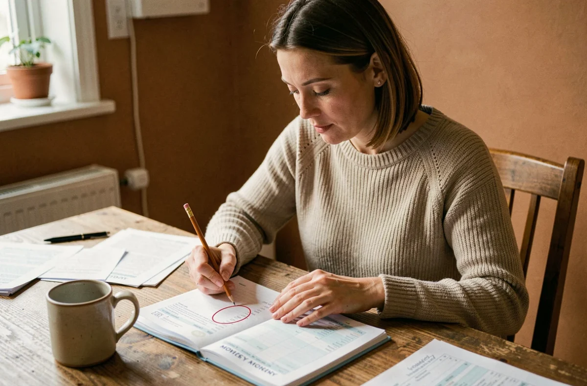 Enseignante qui planifie son budget mensuel en cochant les dates de salaire sur un planning papier à la maison