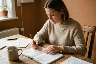 Enseignante qui planifie son budget mensuel en cochant les dates de salaire sur un planning papier à la maison