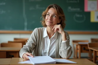 Professeure dans une classe française avec plans et fiche de paie