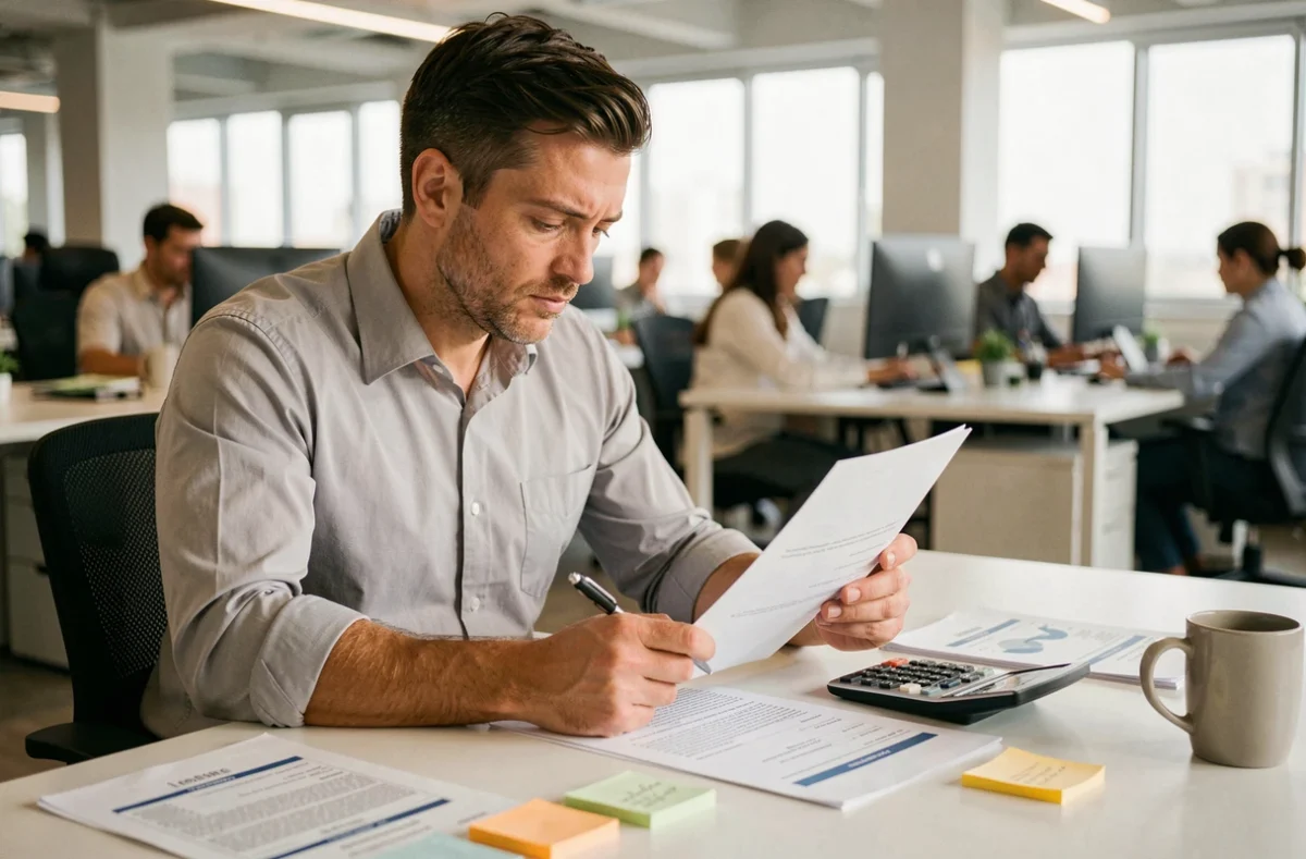 Un entrepreneur analyse un dossier de financement commercial à son bureau dans un espace de travail contemporain