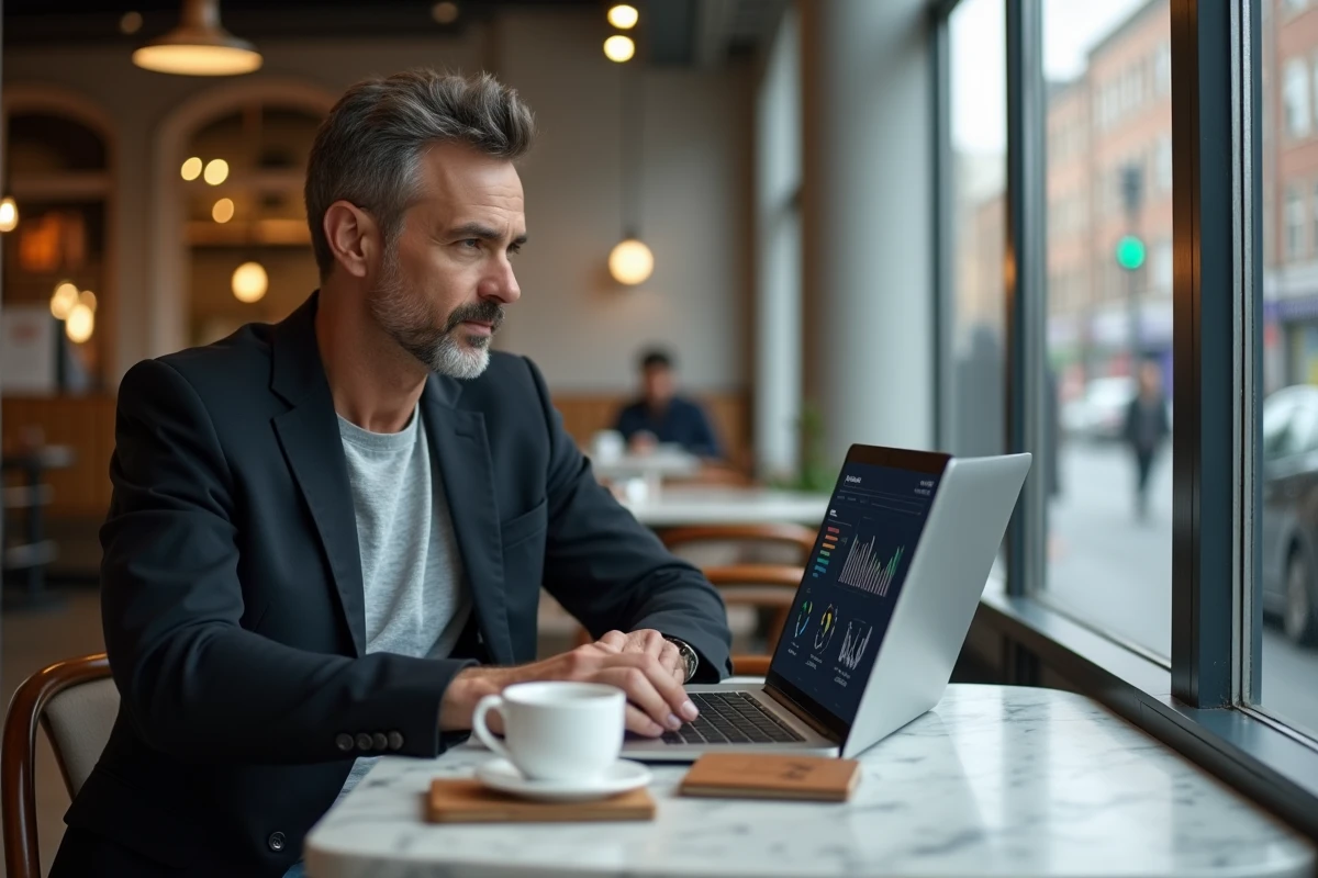 Entrepreneur travaillant sur des analyses financières dans un café urbain haut de gamme, illustrant le mode de vie d'un homme d'affaires à succès