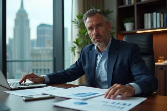 Entrepreneur en costume dans un bureau exécutif moderne consultant des documents financiers, illustrant la fortune et le succès d'un homme d'affaires
