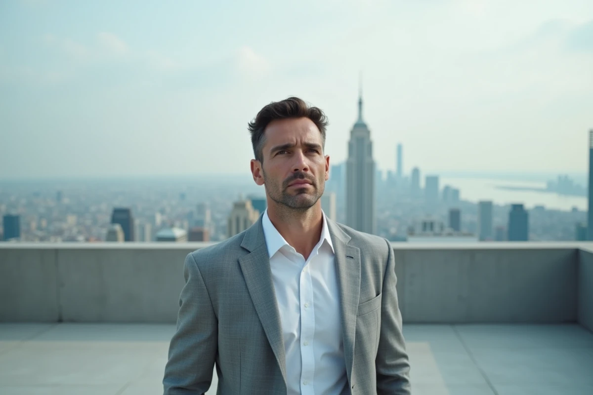 Homme en blazer gris sur une terrasse en hauteur avec vue panoramique sur la ville, illustrant la réussite financière et l'ambition entrepreneuriale