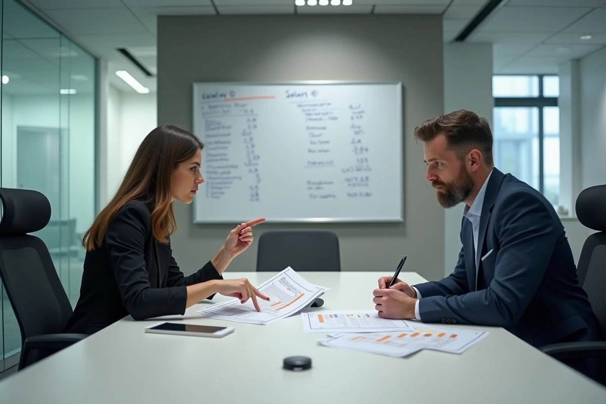 Entretien RH entre deux professionnels comparant des grilles salariales brut net, dans une salle de réunion d'entreprise moderne en 2026
