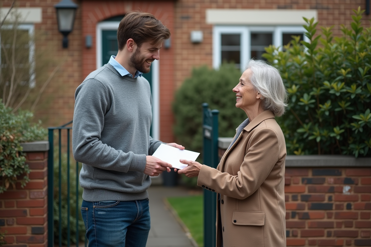 Homme et femme échangent une enveloppe devant une maison