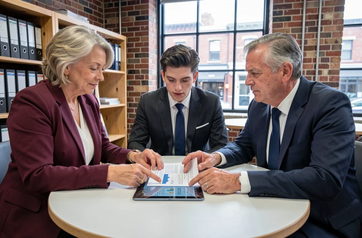 Trois professionnels discutent d'une proposition de financement commercial autour d'une table dans un espace de coworking moderne