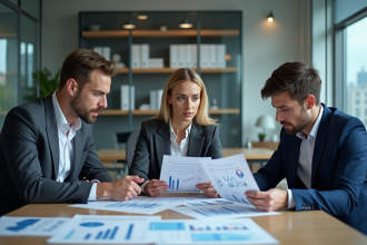 Groupe de professionnels en réunion d'affaires analysant des rapports