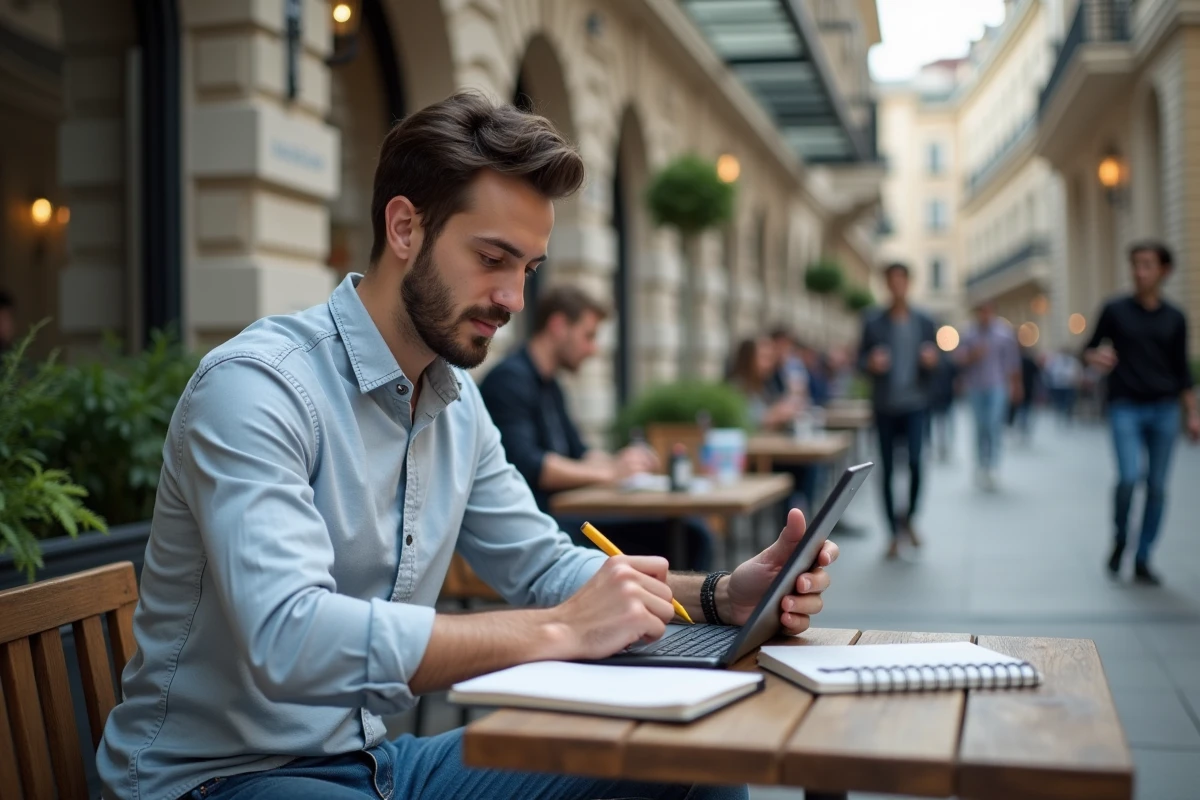Étudiant étudiant un tableau de GDP sur une tablette en extérieur