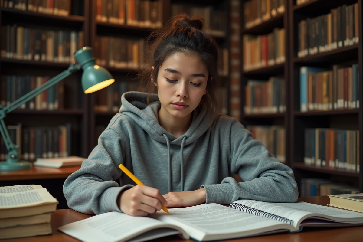 Étudiante en économie révisant le keynésianisme dans une bibliothèque universitaire entourée de manuels et de notes manuscrites