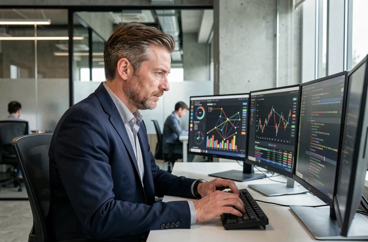 Expert en cybersécurité financière analysant des données sur plusieurs écrans dans un bureau fintech moderne en 2026