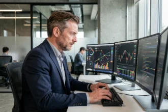 Expert en cybersécurité financière analysant des données sur plusieurs écrans dans un bureau fintech moderne en 2026