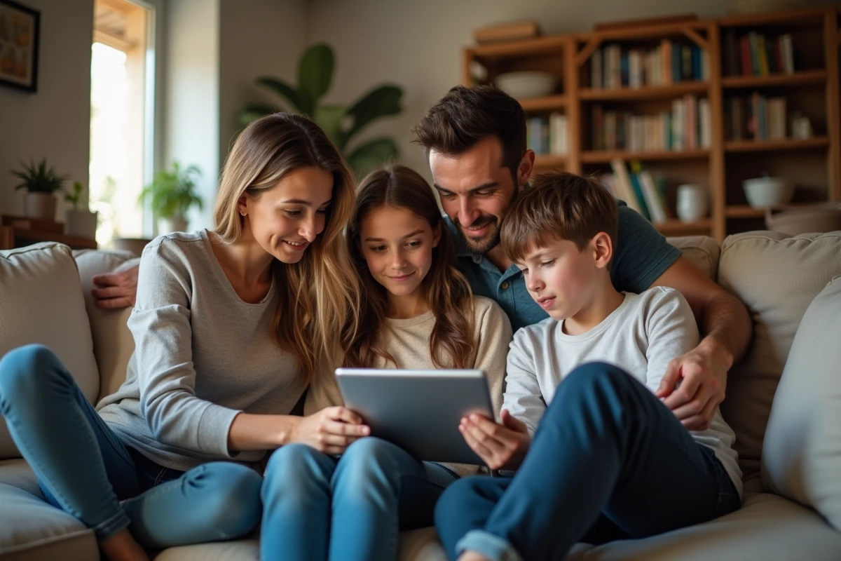 Famille française réunie dans leur salon pour examiner leur budget mensuel, représentant la réalité du revenu médian et du pouvoir d'achat des foyers en France en 2026